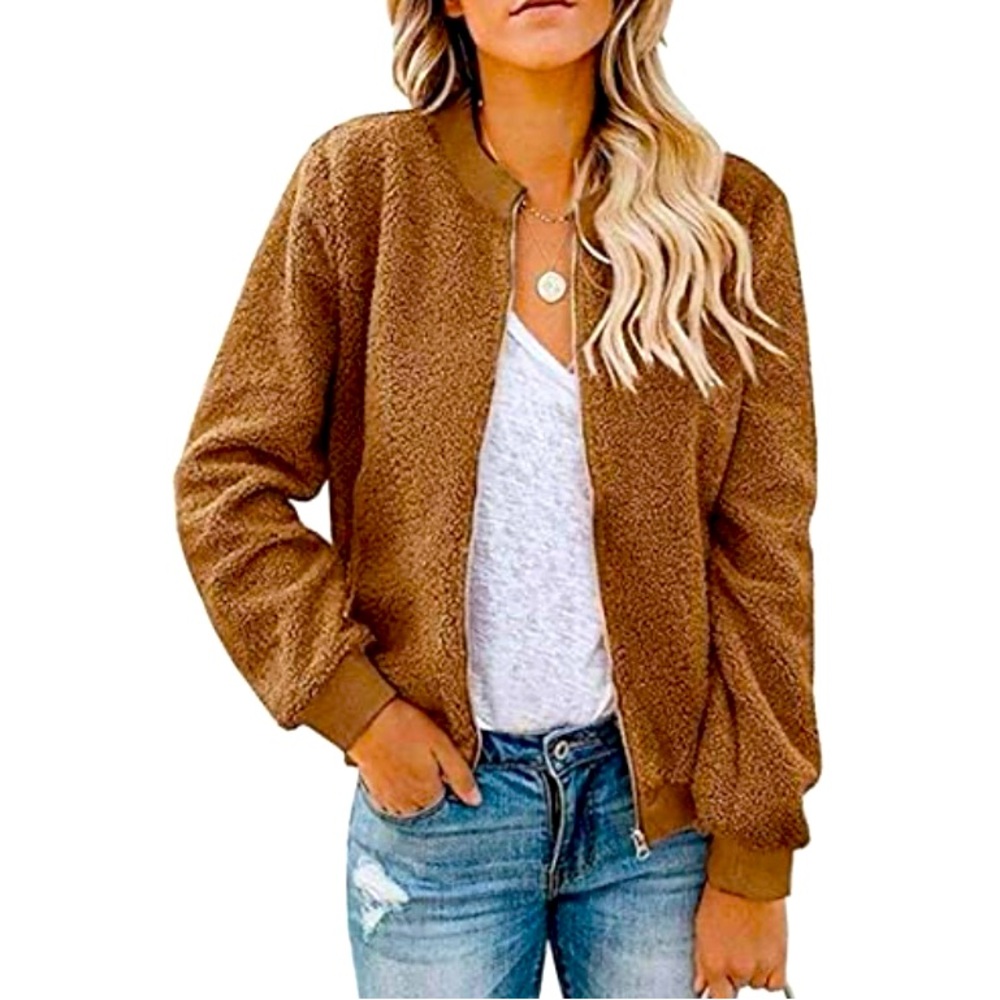 Mirol Teddy Bear Fleece Bomber Jacket Women’s Large Zip Up Brown Pockets EUC